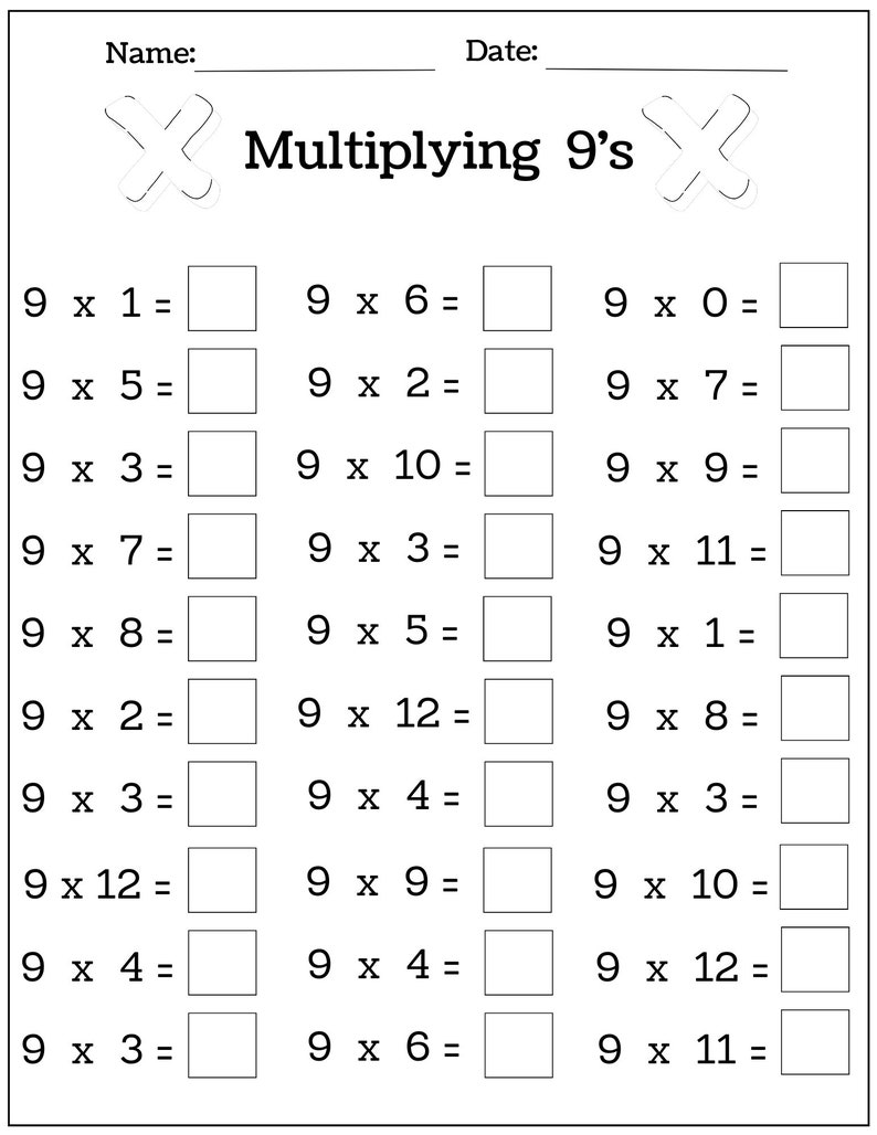 Puede incluir: Una hoja de trabajo en blanco y negro con el t&iacute;tulo "Multiplicar por 9". La hoja de trabajo tiene 18 problemas de multiplicaci&oacute;n con el n&uacute;mero 9 como primer factor. Los problemas est&aacute;n dispuestos en tres columnas.