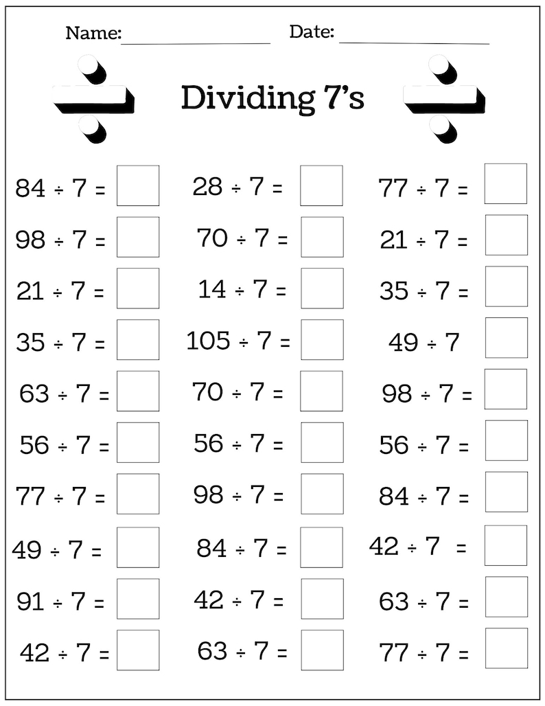 Puede incluir: Una hoja de trabajo en blanco y negro con el t&iacute;tulo "Dividir entre 7". La hoja de trabajo tiene una serie de problemas matem&aacute;ticos que implican dividir n&uacute;meros entre 7. Cada problema tiene un espacio en blanco para la respuesta.