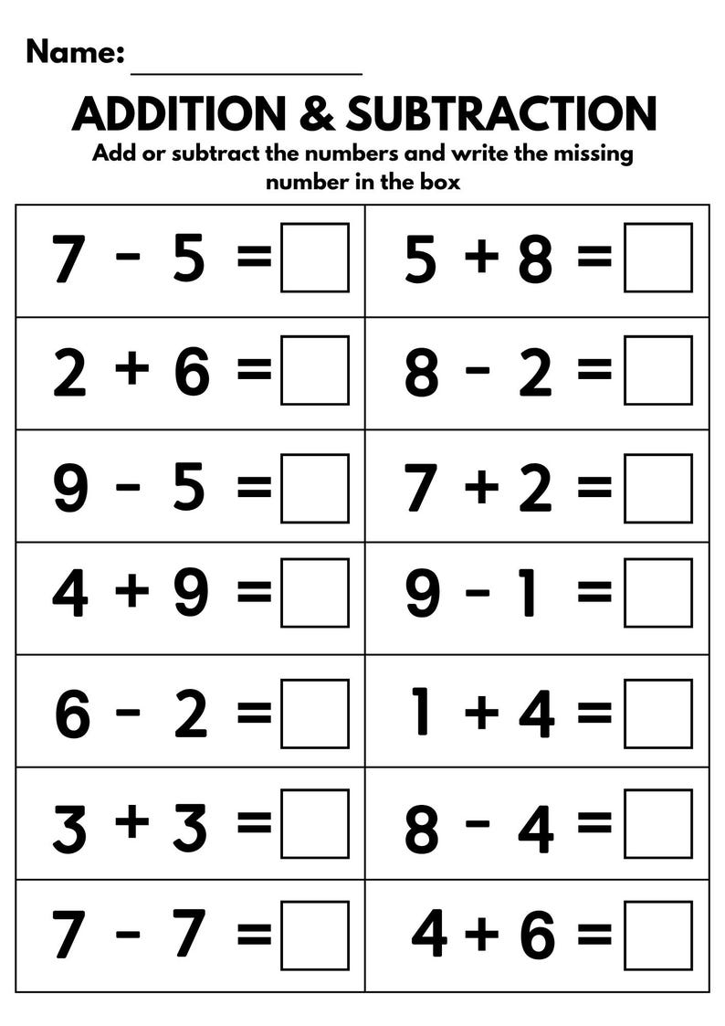 May include: A black and white worksheet for addition and subtraction practice. The title "ADDITION & SUBTRACTION" is at the top. Math problems are presented with blank boxes for answers. The worksheet is designed for educational purposes.