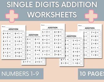 10 Single Digit Addition Worksheets – Numbers 1–9 – Printable Math Practice for Kindergarten & 1st Grade – PDF Download