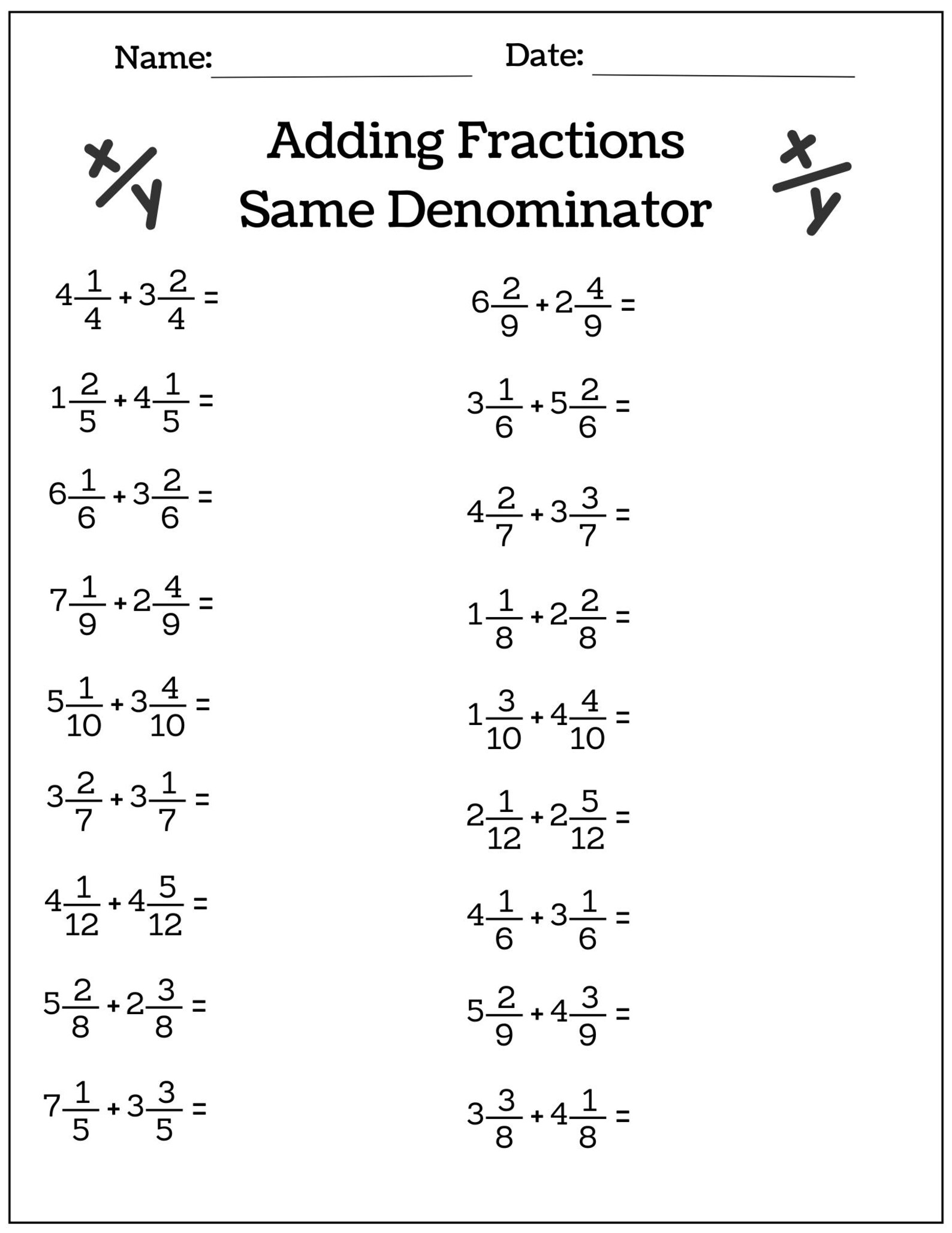 10 Printable Adding Mixed Numbers Fractions Worksheets (same ...
