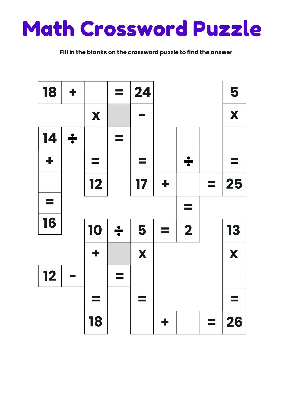 8 Printable Math Crossword Puzzle Worksheets, Addition, Subtraction