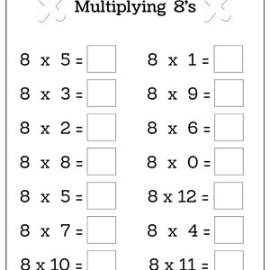 May include: A black and white worksheet with the title "Multiplying 8's". The worksheet has 10 multiplication problems, each with a blank space for the answer. The problems are: 8 x 5, 8 x 1, 8 x 3, 8 x 9, 8 x 2, 8 x 6, 8 x 8, 8 x 0, 8 x 5, 8 x 12, 8 x 7, 8 x 4, 8 x 10, and 8 x 11.