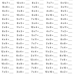 May include: A black and white worksheet with multiplication problems. The worksheet is titled "Name", "Date", and "Score". The problems are arranged in columns and rows. The problems are all single-digit multiplication problems.