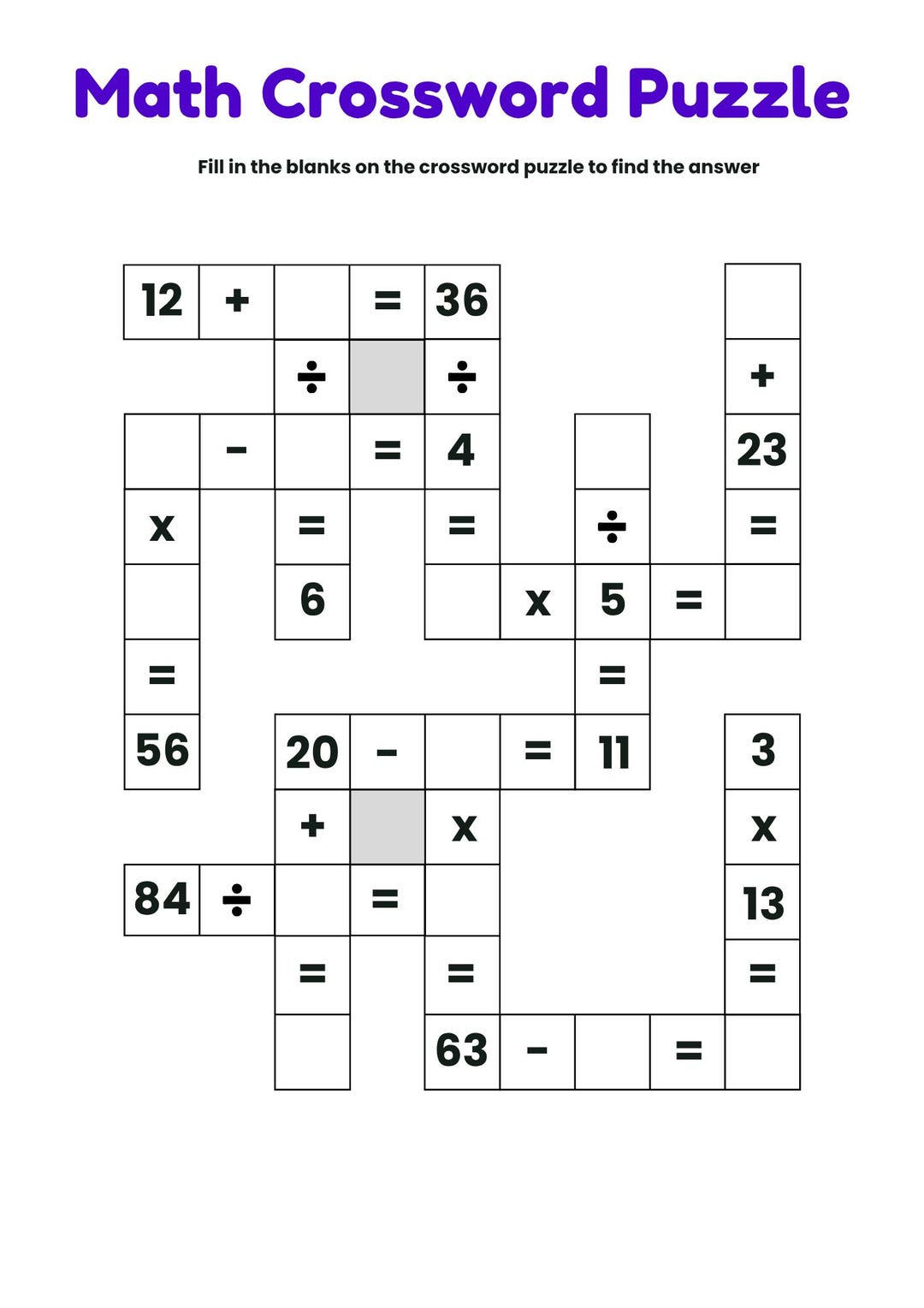 Math Crossword Worksheet.pdf 8 Printable Math Crossword Puzzle Worksheets, Addition, Subtraction ...