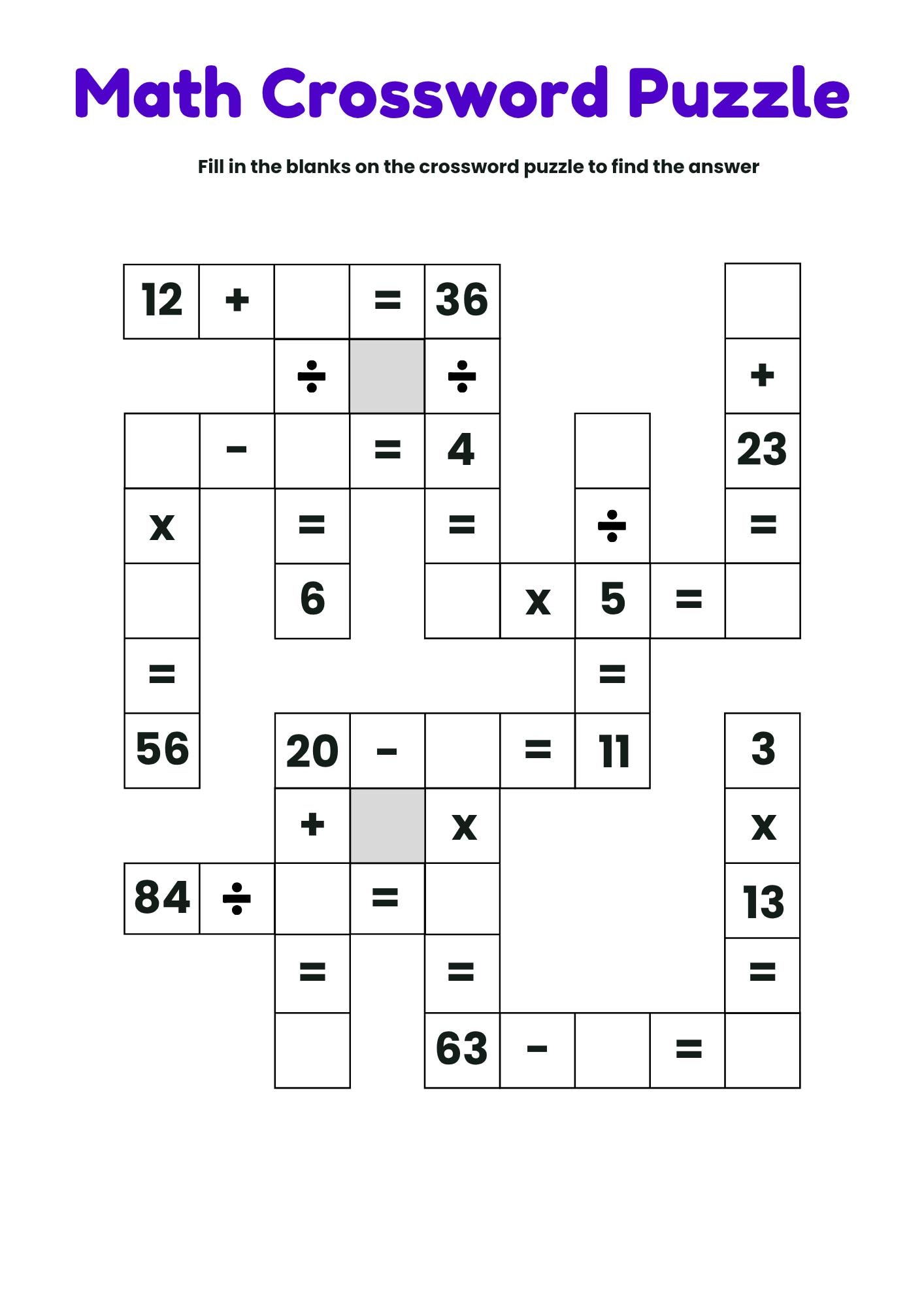 8 Printable Math Crossword Puzzle Worksheets, Addition, Subtraction