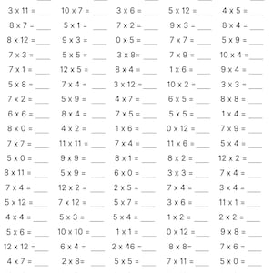 May include: A black and white worksheet with multiplication problems. The worksheet is divided into columns with the multiplication problems listed in each column. The problems are all single-digit multiplication problems.