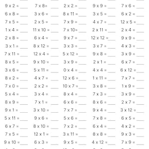 May include: A black and white worksheet with multiplication problems. The worksheet is divided into three columns, with the first column listing the multiplication problems, the second column providing space for the answers, and the third column listing the multiplication problems. The worksheet is titled "Name:", "Date:", and "Score:".