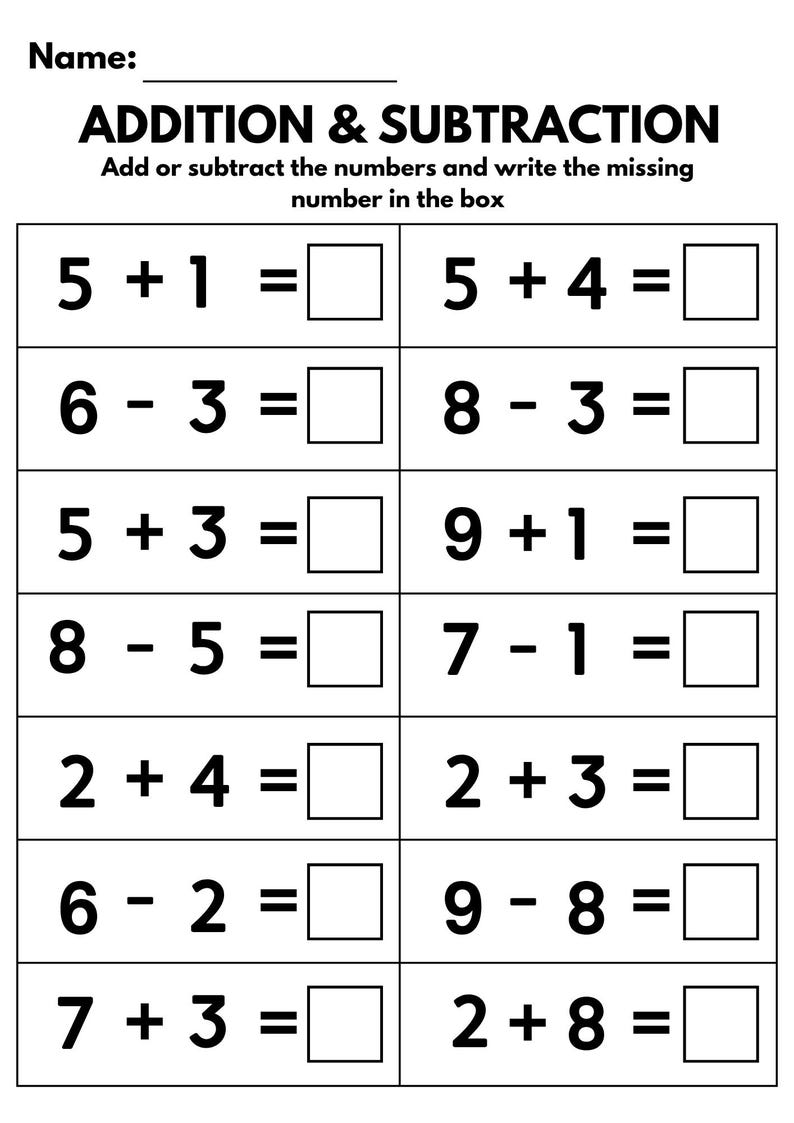 May include: A black and white worksheet with addition and subtraction problems. The title "ADDITION & SUBTRACTION" is at the top, with instructions to solve the equations and write the missing number in the box. The worksheet is designed for educational purposes.