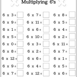 Puede incluir: Una hoja de trabajo en blanco y negro con el t&iacute;tulo "Multiplicar por 6". La hoja de trabajo contiene 15 problemas de multiplicaci&oacute;n con el n&uacute;mero 6 como uno de los factores. Los problemas est&aacute;n dispuestos en tres columnas.