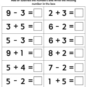 May include: A black and white worksheet with addition and subtraction problems. The title "ADDITION & SUBTRACTION" is at the top. The worksheet includes equations like 9 - 3 = and 2 + 3 = with boxes for answers.