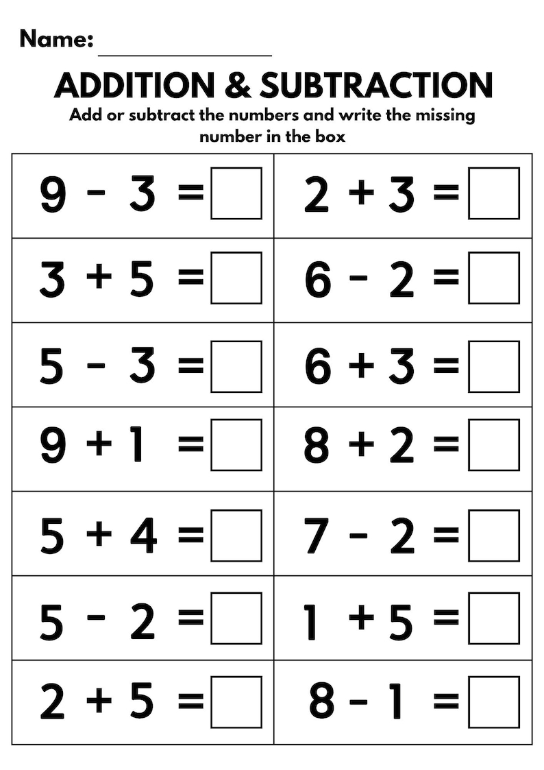 May include: A black and white worksheet with addition and subtraction problems. The title "ADDITION & SUBTRACTION" is at the top. The worksheet includes equations like 9 - 3 = and 2 + 3 = with boxes for answers.
