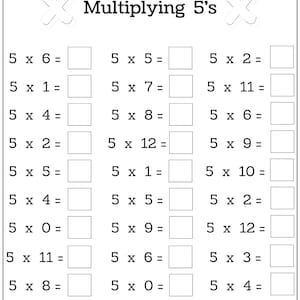 Puede incluir: Una hoja de trabajo en blanco y negro con el t&iacute;tulo "Multiplicar por 5". La hoja de trabajo tiene 18 problemas de multiplicaci&oacute;n, cada uno con un cuadro para la respuesta. Los problemas son todos en la forma de 5 multiplicado por un n&uacute;mero entre 0 y 12.