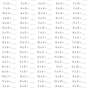 May include: A black and white worksheet with multiplication problems. The worksheet is titled "Name", "Date", and "Score". The problems are arranged in columns and include numbers from 1 to 12.