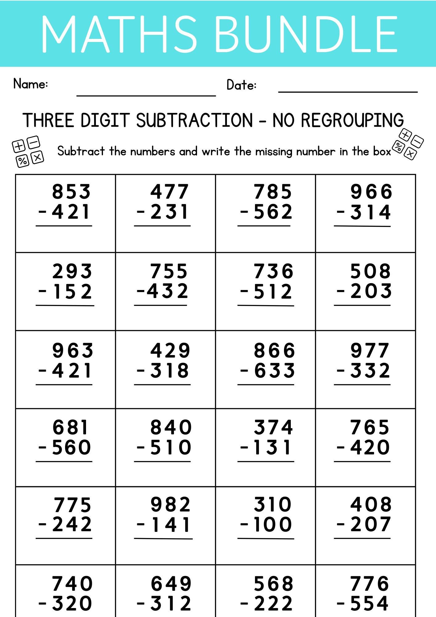 30 Pages of 3-digit Addition & Subtraction Worksheets Bundle – With and ...