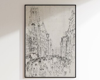 May include: A framed black and white sketch print depicting a busy city street scene with tall gothic architecture, numerous pedestrians, and horse-drawn carriages. The artwork is labeled with the text ASH PRINTS Collective at the bottom.