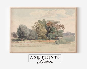 Pintura de paisaje de acuarela / Impresión neutral vintage / Descarga digital