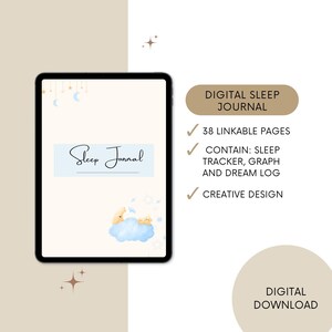 Op de afbeelding: Een digitaal slaapdagboek met 38 koppelbare pagina's. De omslag heeft een schattige illustratie van een maan en sterren met de tekst "Sleep Journal".