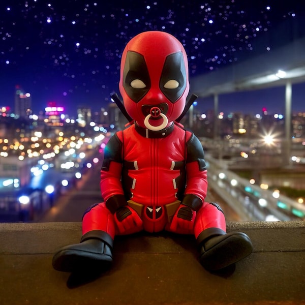 Life Sized BabyPool. Baby Deadpool! Pacifier comes out, swords also come out.