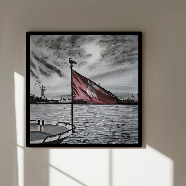 Kunstdruck, Poster des Acrylbilds "Möwe auf gehisster Hamburg-Flagge am Hafen"