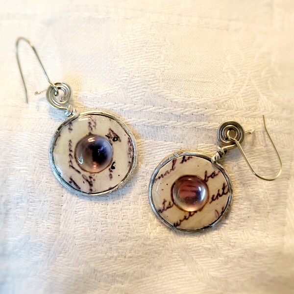 Repurposed Washer Disc Earrings, Literature Themed & Lavender Gem