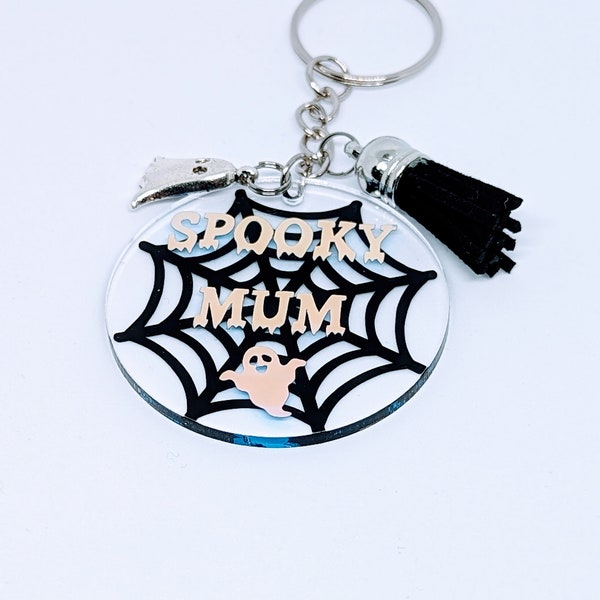 Holographic 'Spooky Mum' Horror-Themed Keyring / Keychain with Black Tassel and Ghost Charm