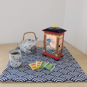 Può includere: Una composizione a tema giapponese con una lanterna decorativa raffigurante un'onda, una teiera, una tazza da tè e bustine di tè. La lanterna ha una base rossa e un tetto nero. Gli oggetti sono su un tappeto a onde blu e bianco.