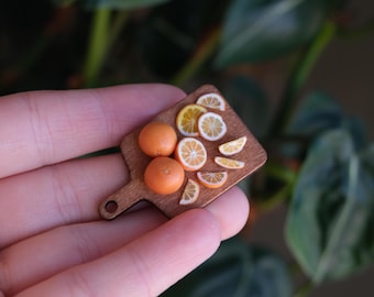 Oranges on Cutting Board Miniature Polymer Clay – Handmade Mini Fruits, Magnet or Decor