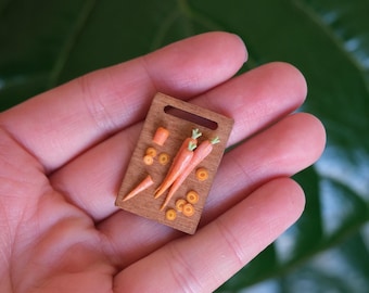 Carrots on Cutting Board Miniature Polymer Clay – Handmade Mini Vegetables, Magnet or Decor