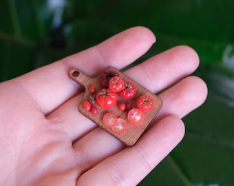 Tomatoes on Cutting Board - Miniature Polymer Clay Handmade Mini Vegetable, Magnet or Decor