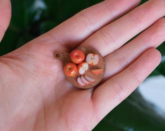 Apples on Cutting Board Miniature Polymer Clay – Handmade Mini Fruits, Magnet or Decor