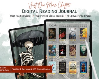 May include: A digital reading journal with a skeleton reading a book under an umbrella. The journal has a grid of book covers with ratings and titles like "Red Rising" and "Throne of Glass". The text "Just One More Chapter" is at the top of the image.