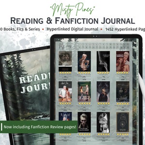 Puede incluir: Un diario digital con un fondo de acuarela de una escena de bosque. El diario está abierto en una página con una cuadrícula de portadas de libros y valoraciones. El texto "Misty Pines Reading & Fanfiction Journal" está en la parte superior de la página. El texto "Now including Fanfiction Review pages!" está en la parte inferior de la página.