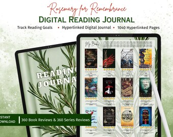 May include: A digital reading journal with a green rosemary background. The journal has a title that reads "Rosemary for Remembrance Digital Reading Journal". The journal features a list of books with ratings and a section for tracking reading goals.