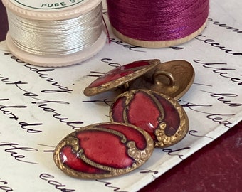 Vintage oval Champleve buttons in burgundy enamel