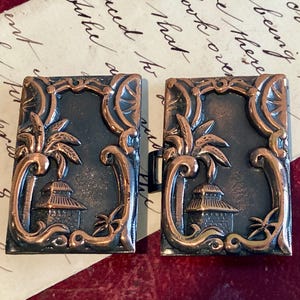 Art Deco fashion costume buckle, collectible vintage buckle accessory, groovy copper pagoda scene belt buckle,vintage metal belt buckle gift
