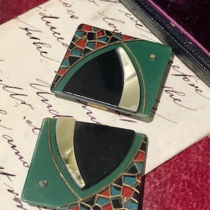 Art Deco fashion costume buckle, collectible vintage buckle accessory, groovy green and black belt buckle, rare vintage belt buckle gift