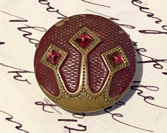 Vintage Crown Button: Red Glass Cabochon, Brass Haberdashery