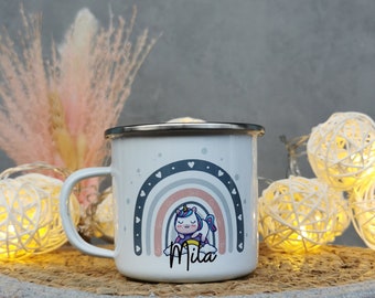 Personalized enamel cup, cup with unicorn and name, children's gift,