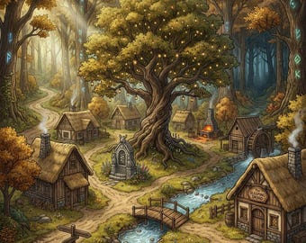 Oakhaven Village & Whispering Woods – Voreingestelltes Regions-Kampfkarten-Bundle | DnD-Karten | Dorf, Waldruinen, Versunkene Zitadelle | TTRPG, Roll20