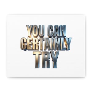 Puede incluir: Impresión en lienzo con las palabras "YOU CAN CERTAINLY TRY" en letras plateadas metálicas en 3D. El texto está centrado sobre un fondo blanco, creando una pieza audaz y motivadora.
