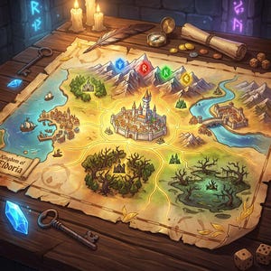 Puede incluir: Un mapa de fantasía titulado Kingdom of Eldoria sobre pergamino, con un castillo central, montañas con runas brillantes, una ciudad costera, un pantano y un bosque. Los accesorios incluyen dos llaves de metal, una brújula, una pluma, monedas y dados.