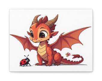 Cute Baby Dragon Playing with Ladybug Matte Canvas