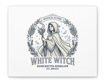Witte heks illustratie canvas, Witchy goblincore, magische kruidenkunst