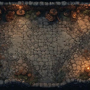 May include: Overhead view of a stone courtyard with a cobblestone floor, surrounded by stone walls. The scene is illuminated by warm candlelight from various lanterns and sconces, creating a cozy, inviting atmosphere. The image is a digital illustration.
