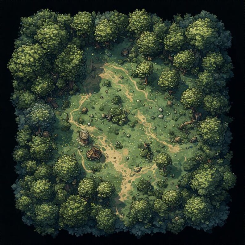 May include: An illustrated map of a fantasy forest, viewed from above. The image shows a green clearing with a winding path, surrounded by dense green trees. A small tent and a wooden structure are also visible. The style is hand-drawn.