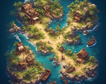 TTRPG Battlemap Fishing Village Island