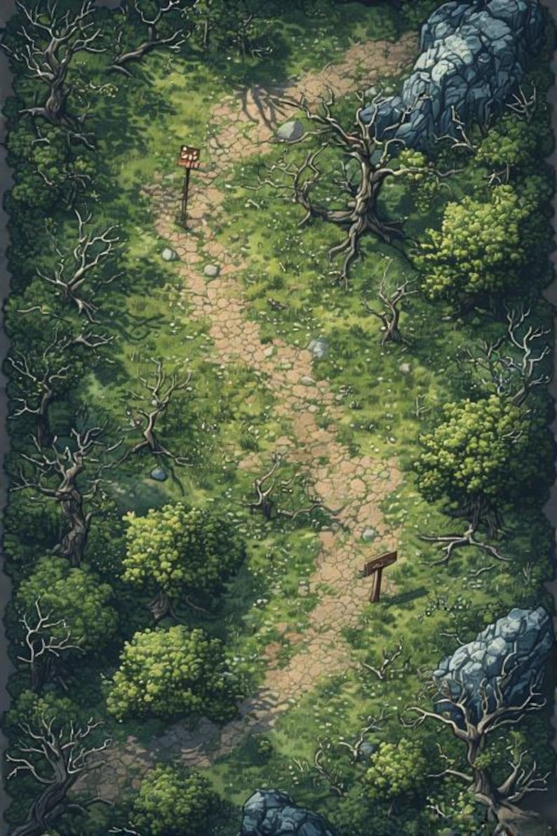 May include: An overhead illustration of a forest path. A winding, light brown path is surrounded by green foliage, trees, and rocks. Bare trees and leafy bushes line the path. Two wooden signs mark the trail.