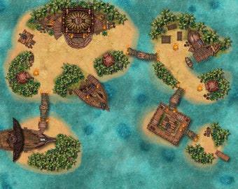 Pirate Isles, 4K D&D Battle map, DnD  RPG Island map, Roll20 campaign map for TTRPG