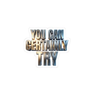 Puede incluir: Una pegatina con la frase "YOU CAN CERTAINLY TRY" en una fuente metálica en 3D. El texto tiene un esquema de color plateado y dorado, con un ligero efecto de sombra, sobre un fondo blanco.